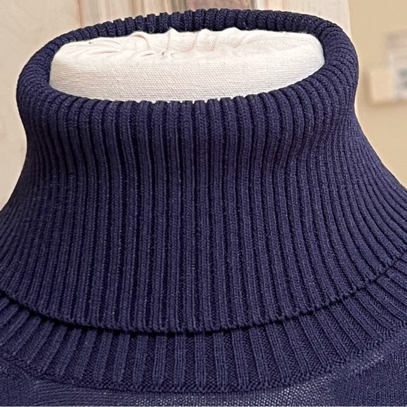 Tory Burch Candace Navy Turtleneck Sweater With Red "T" Logo On Sleeve - Picture 3 of 7